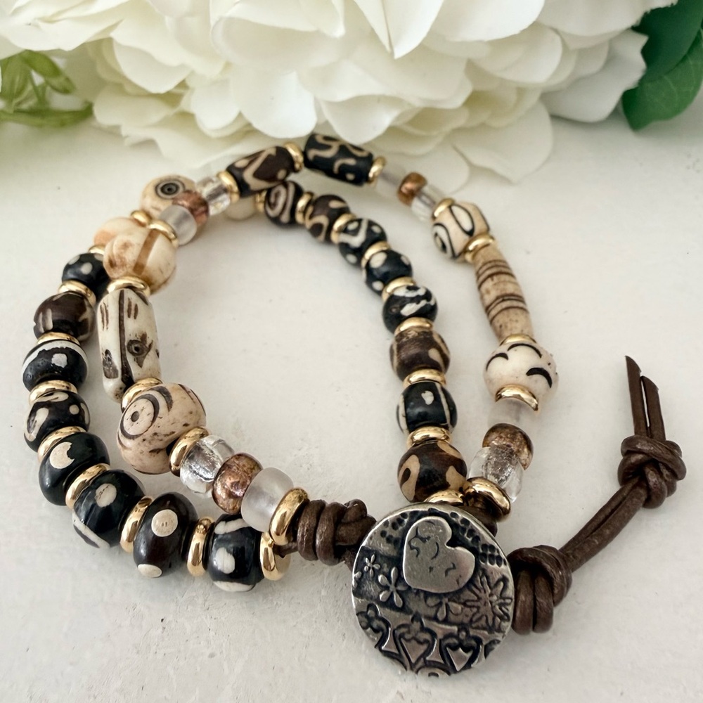 Boho Bead Double Strand Leather Wrap Bracelet